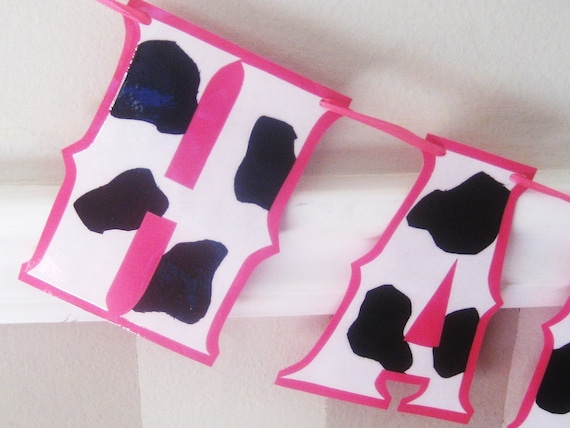 Cowgirl HAPPY BiRTHDAY Banner - BLACK and WHiTE COW PRiNT on HoT PiNK Il_570xn