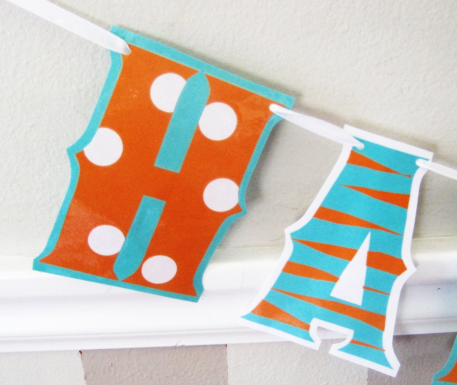HAPPY BiRTHDAY Banner - Tiger or Zebra Print and Polka Dots in Teal and Orange Il_570xn
