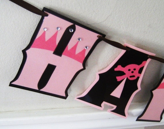Clearance Sale Princess and Pirates HAPPY BiRTHDAY Banner - baby pink tiaras and chocolate brown skulls Il_570xn