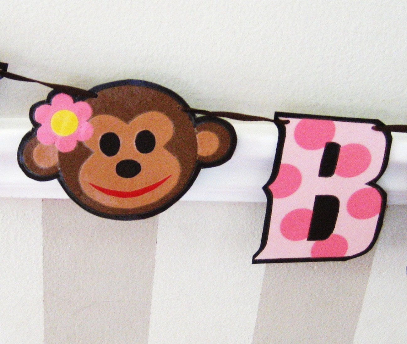 Clearance Sale - Sock Monkey HAPPy BiRTHDAY Banner -Pink on Pink Polka Dots on Chocolate Brown Il_570xn