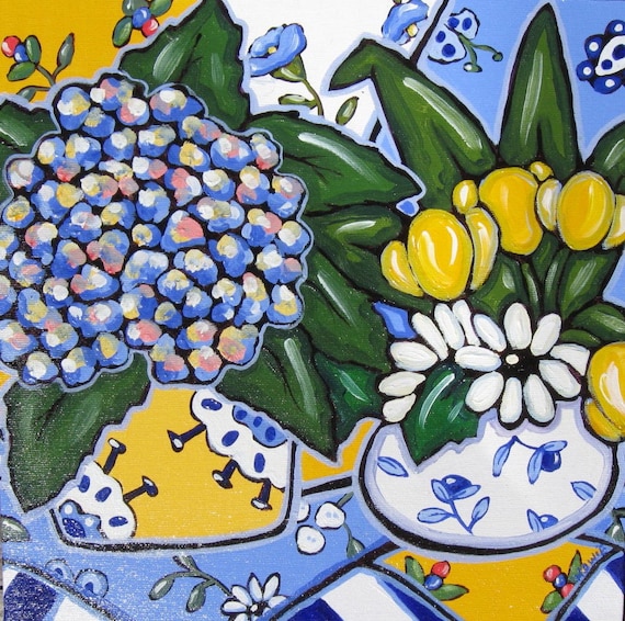 Original Hydrangea painting, acrylic, Country French, shabby chic, gardnening, beach decor, yellow, daisies, tulips, canvas