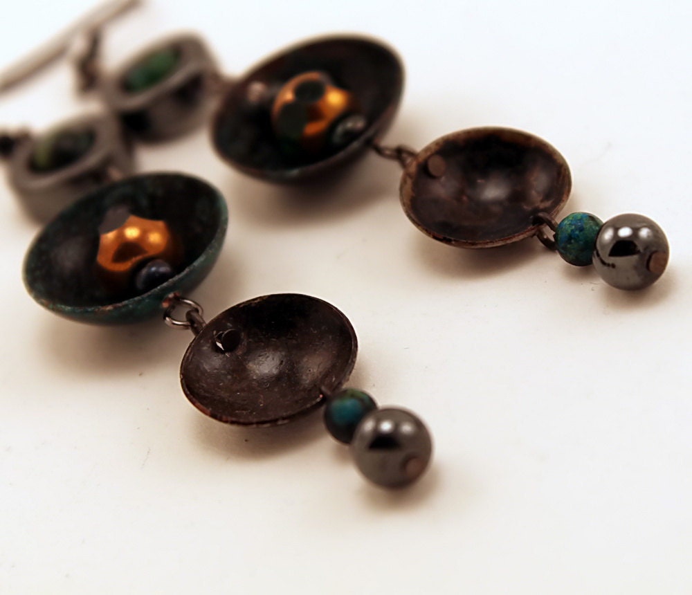 Merlin Silver Celtic Earrings, Hematite, Malachite, Handmade Jewelry