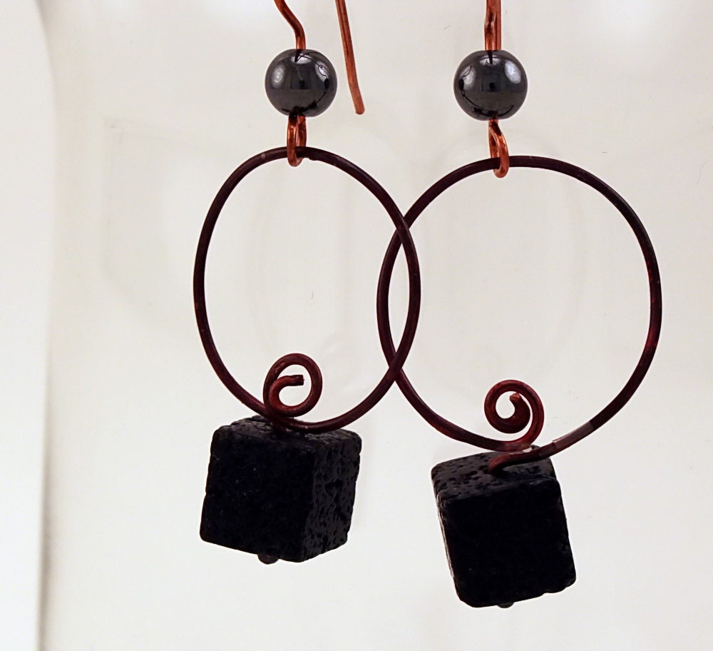 Copper hoop Earrings, Square Lava Bead, Celtic Style