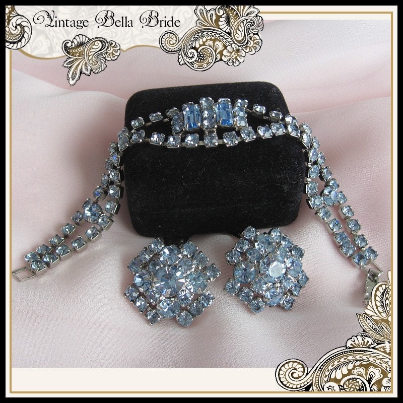 1960s Vintage Rhinestone Bracelet and Matching Earrings Blue Wedding