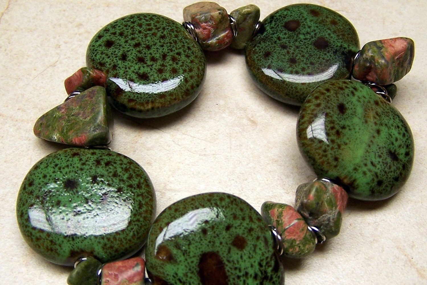 SALE - Green Procelain Strech Bracelet with Stone Chips