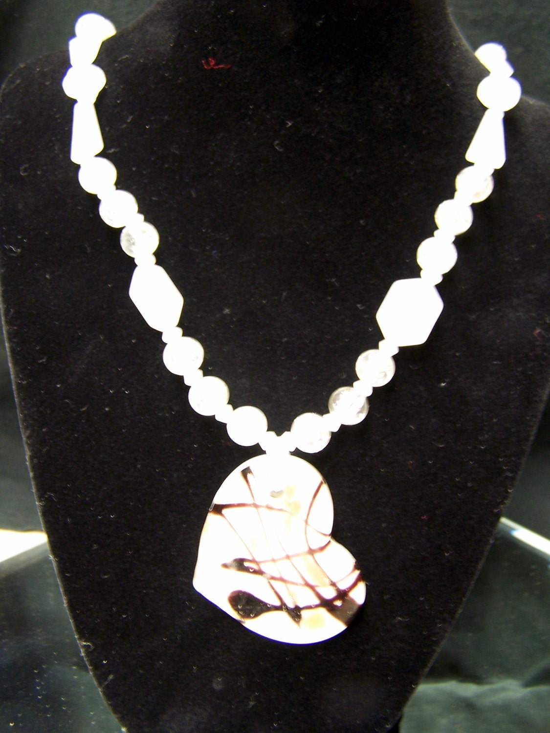 SALE - White Crackle Glass Necklace With Lampwork Heart