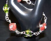 Red and Green Lampwork Wire Wrapped Bracelet
