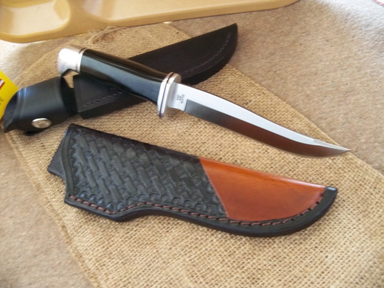 BUCK U S A 105 Pathfinder with Custom LEATHeR Knife SHeATH Hand Tooled Hand Made Hunting Camping Knife