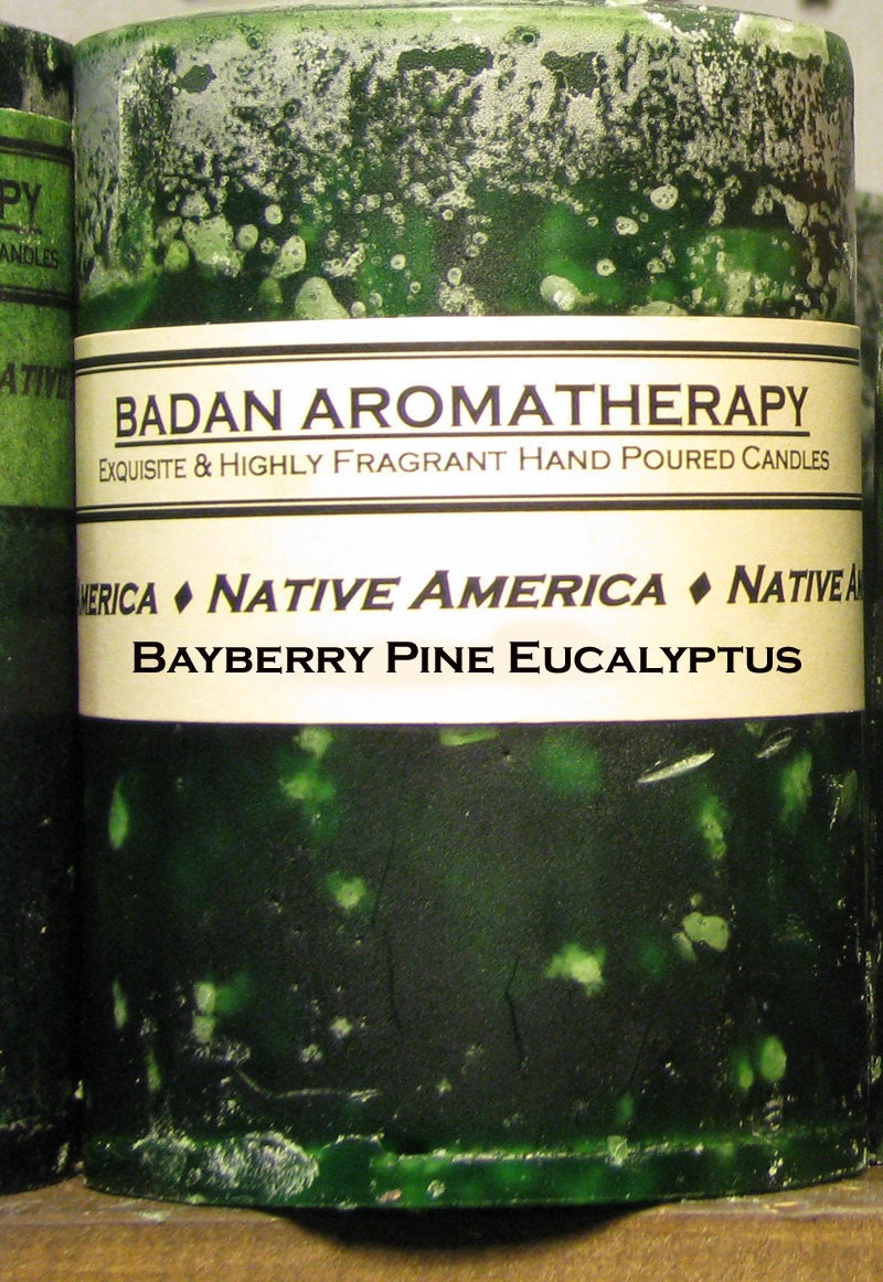 Dark Green Eucalyptus Pine & Bayberry Handmade Round Pillar Candle 3x4.5