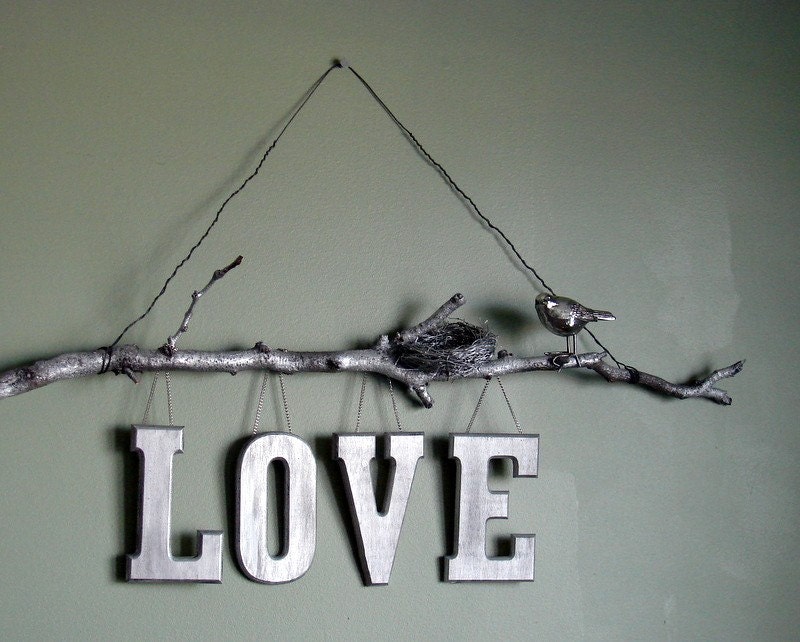 SALE...Natural Twig Love Wall Sign.Silver painted natural elements. perfect for nursery, industrial,bedroom.Customize with any word