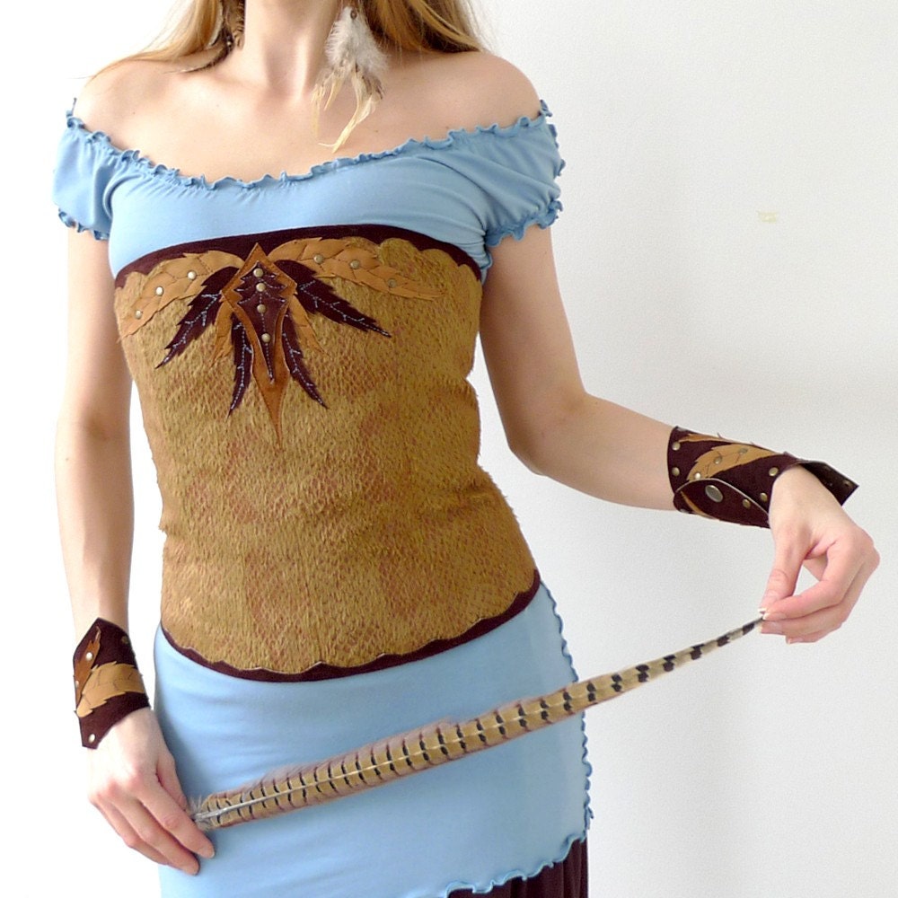 OOAK Native - corset with leather applique in modern primitive style, light brown faux fur, size S / M