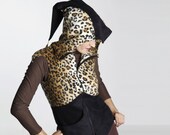 Panther -  fleece vest with pixie hood, black and leopard, size S to M