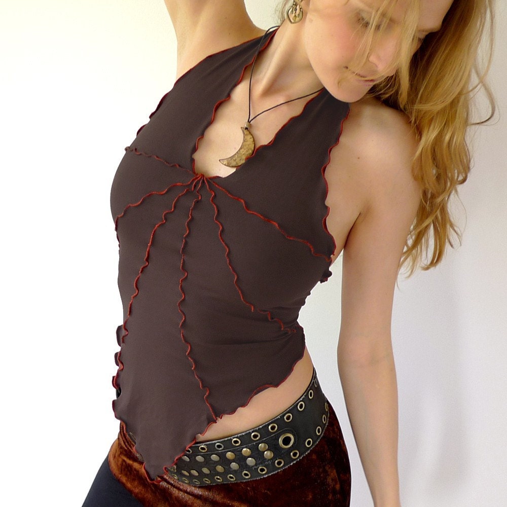 Sirius - starburst jersey halter top with exposed seams, dark brown or pick your color, size S to L.