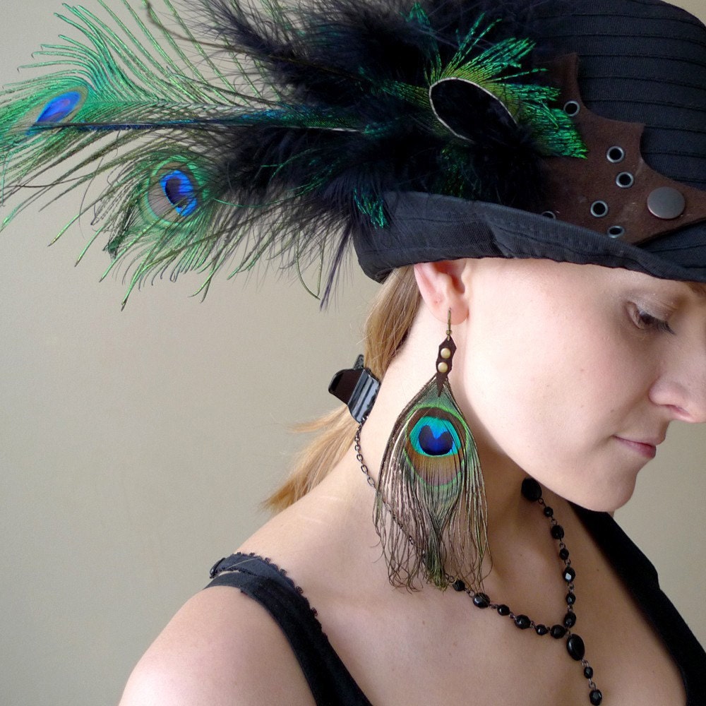 Peacock - dangle earrings with natural peacock feathers and leather