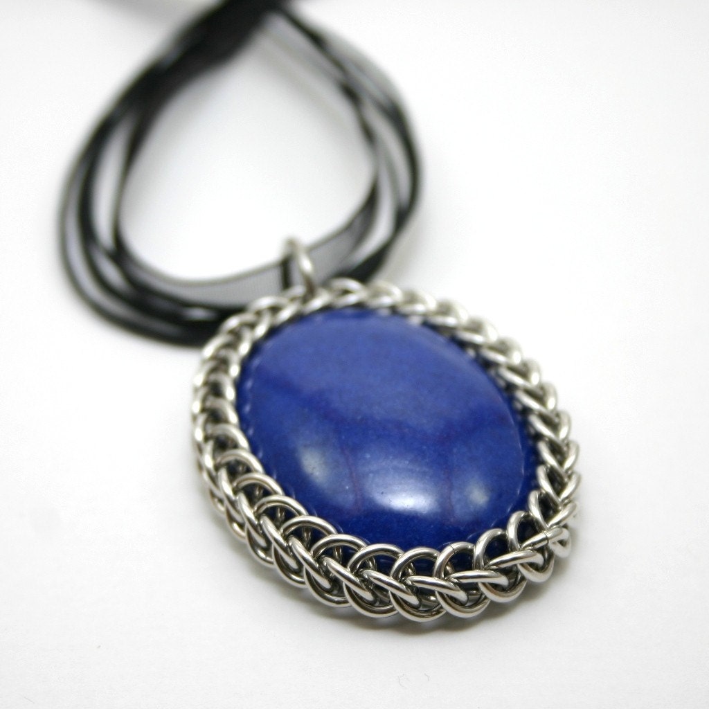 Dark Blue Mountain Jade Wrapped in Chainmail