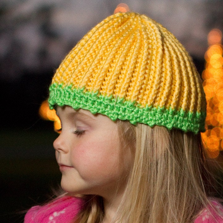 Going Out of Business SALE - Reversible THICK Yellow and Green Winter Girls Beanie Hat Bright Colors - Crocheted Hat