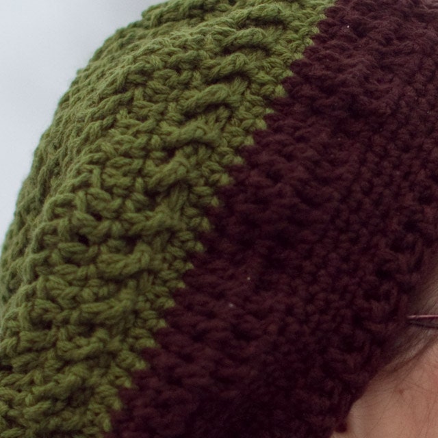 XL Crochet Womans Slouchy Beret 100% Wool Green and Brown Hat - Unisex Man or Woman
