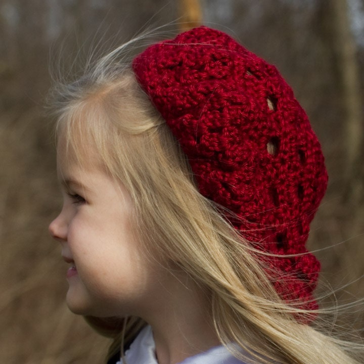 CLOSING STORE SALE - Crochet Hat Red Doily Slouch Beret for Girls - Crocheted Child's Hat 045