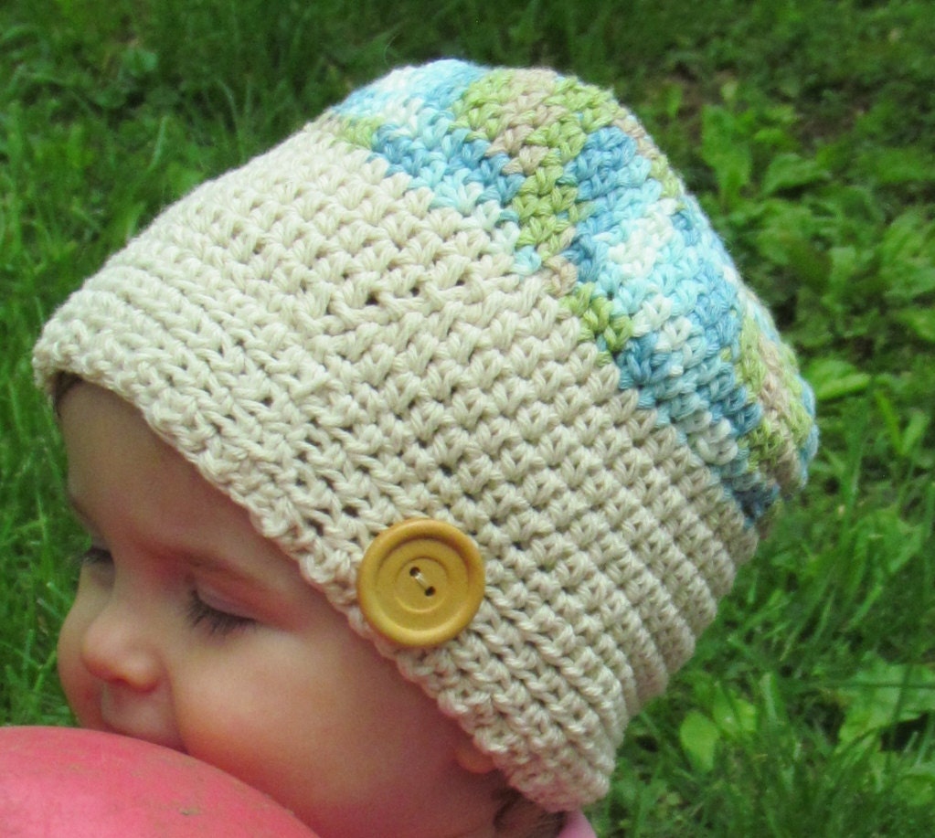 Girls Cotton Bonnet with Oversized Button  - Crocheted Hat READY TO SHIP
