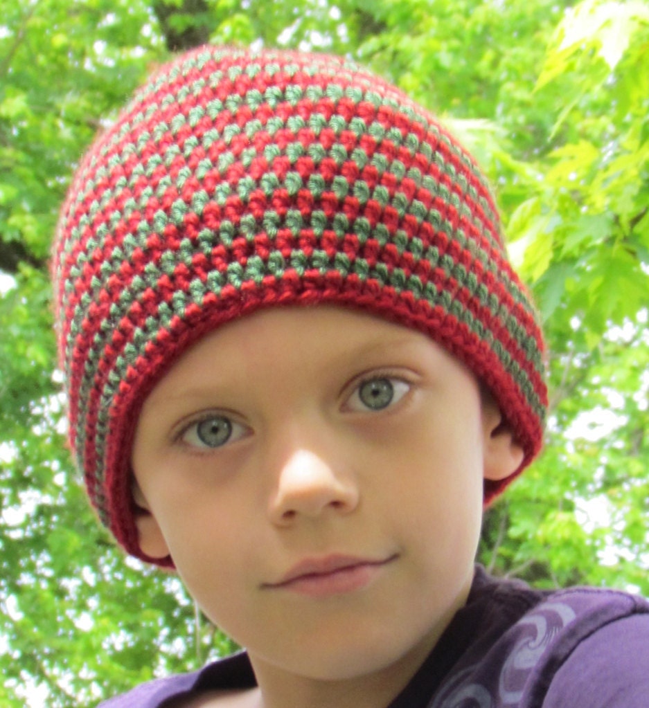 Ready to Ship Striped Beanie in Red and Green - Spirals Crochet Beanie