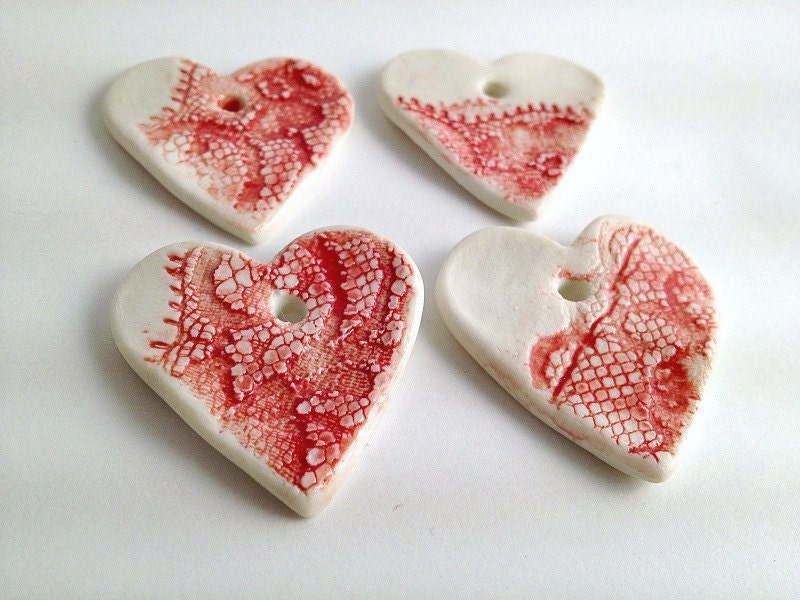 4 Red Laced Hearts - Limoges Porcelain Pendants Red