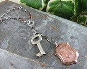 Upcycled Jewelry - Unisex Copper '51 Medallion & Skeleton Key Mixed Metal Necklace