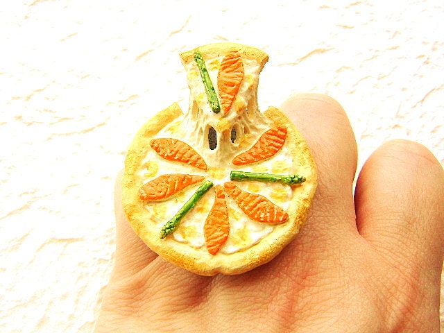 Pizza Ring Salmon Asparagus Cheese White Sauce Pizza  Miniature Food Jewelry