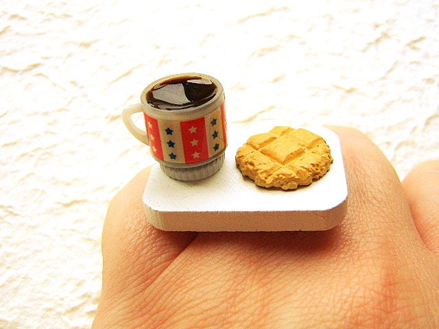 Coffee Ring Miniature  Food Jewelry Coffee And Cookie Gifts Under 10