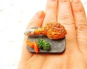 Kawaii Food Ring Chicken Broccoli Carrots Dinner Ring Miniature Food Jewelry