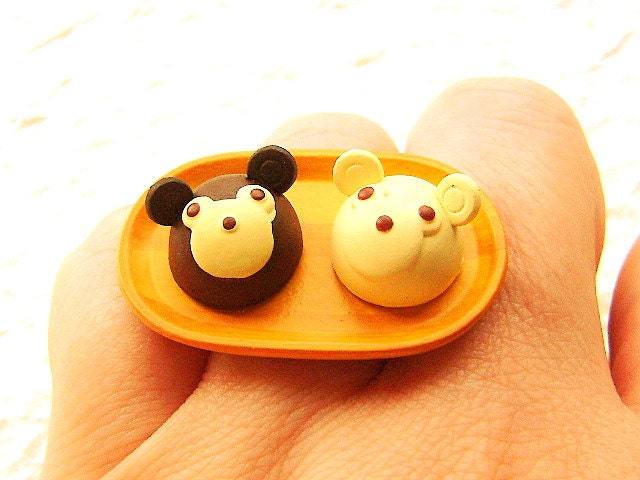 Kawaii Food Ring Chocolate Bear Cake Minature Food Jewelry