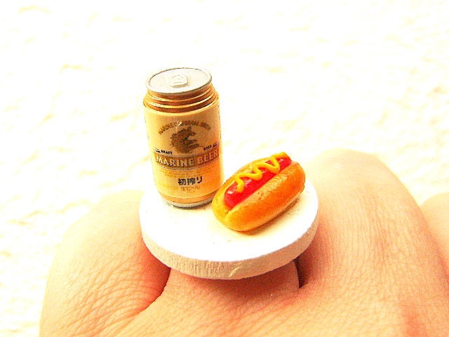 Beer Ring Miniature Food Jewelry Hot Dog And Beer