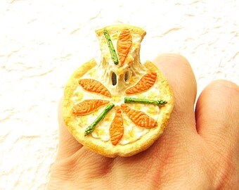 Pizza Ring Salmon Asparagus Cheese White Sauce Pizza  Miniature Food Jewelry