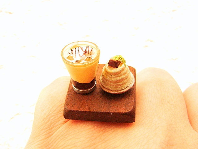 Miniature Food Ring Chestnut Cake  Coffee Kawaii Food Jewelry