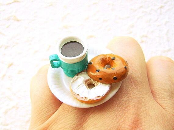 Kawaii Food Ring Lunch At The Office Coffee Bagel Miniature Food Jewelry