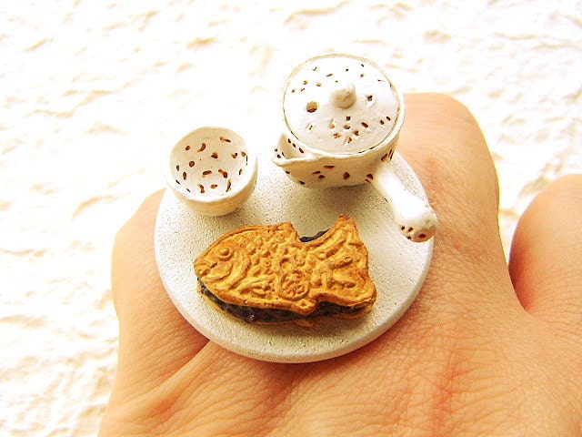 Traditional Japanese Food Ring  Green Tea Taiyaki Miniature Food Jewelry