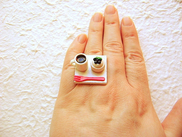 Coffee Ring Miniature Food Jewelry Coffee And Blueberry Cheesecake