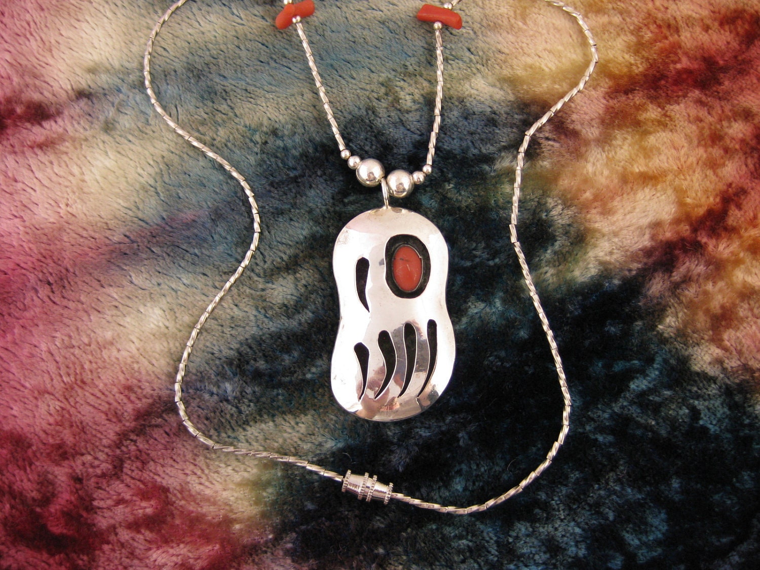 Necklace - Pendant - Sterling Silver - Red Coral - Spirit Bear Paw - Southwest Style - Women Jewelry - Collectible