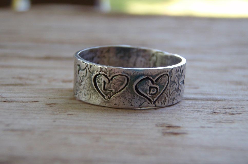 rustic silver sweethearts ring . recycled silver wedding band ring . vine leaf ring . hearts with initials . engraved secret message inside