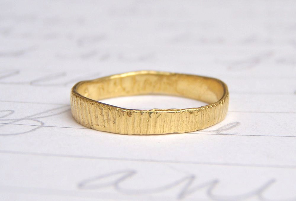 recycled 14 karat gold wedding band . ethical woodgrain gold ring . custom engraved 14 karat gold ring by peacesofindigo