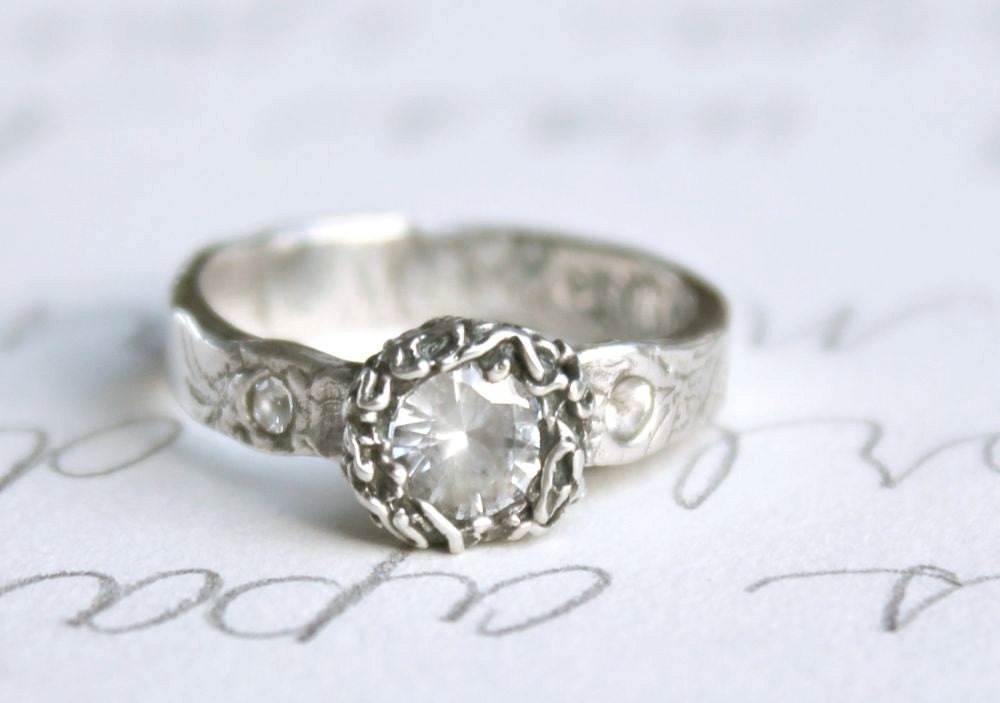 halo sapphire engagement ring . white sapphire three stone ring . faceted gemstone ring . custom sapphire ring . engraved message