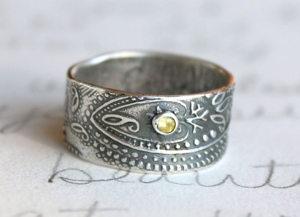 wide paisley wedding band with sapphire . wide recycled silver wedding band . bohemian paisley ring . enjoy the journey ready to ship size 5