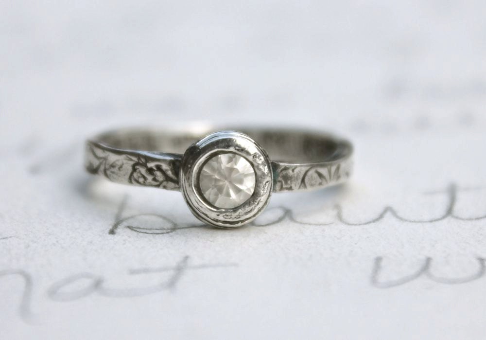 white sapphire engagement ring . simple rustic engagement ring . custom ring . recycled silver band. secret message handwritten inside