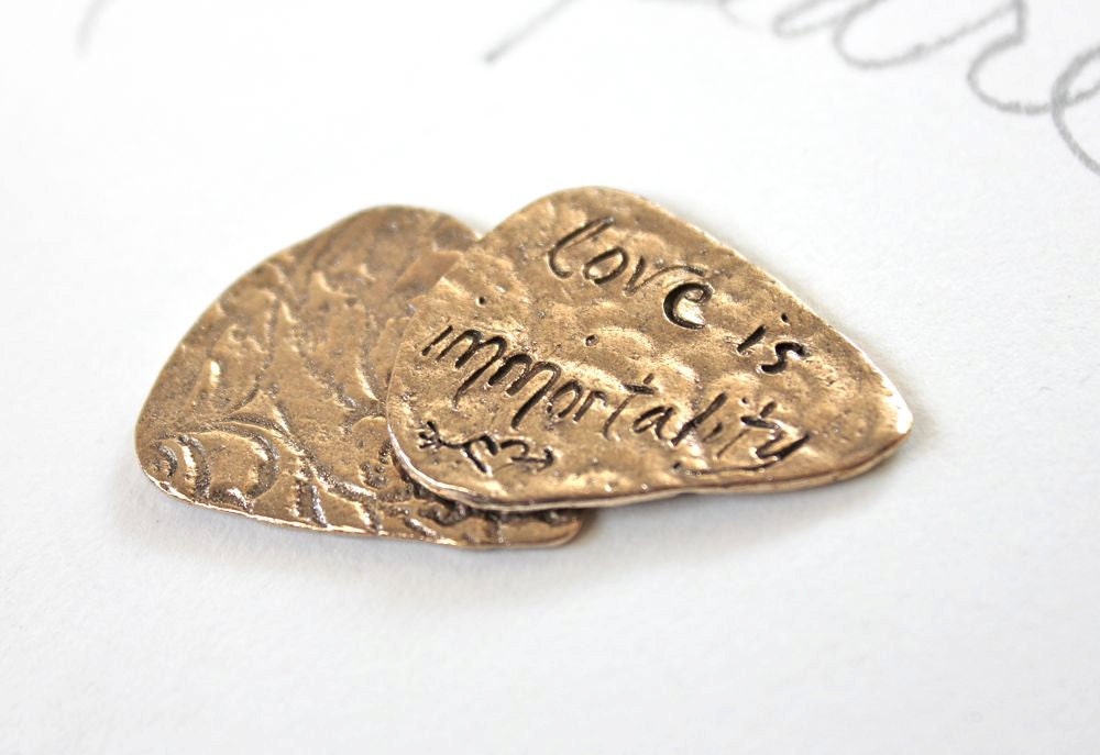 recycled bronze guitar pick . love is immortality quote guitar pick plectrum . love token gift for him her . ready to ship romantic gift