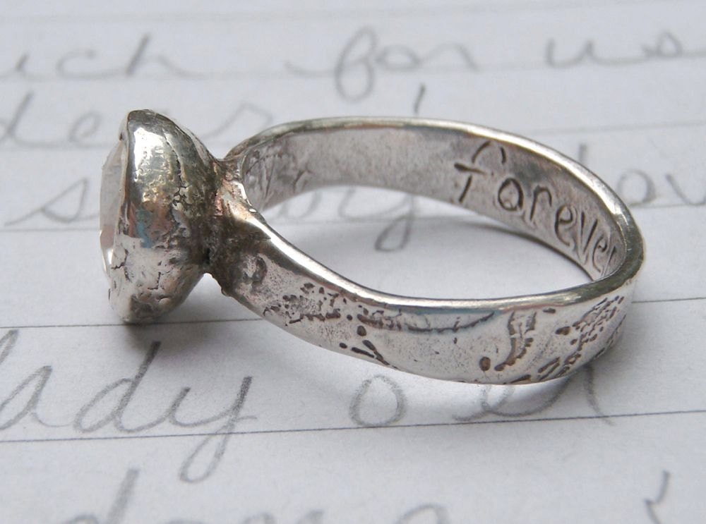 2 carat Herkimer diamond and recycled silver engagement ring .  textured band . forever inscription