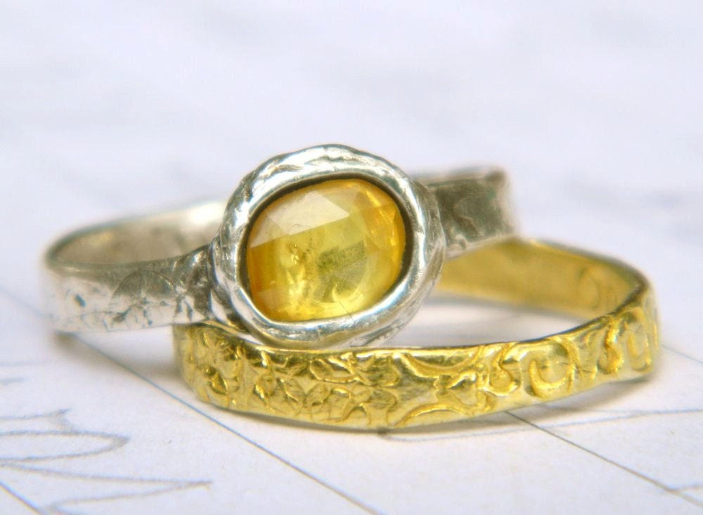 yellow sapphire engagement ring . rose cut sapphire alternative engagement ring . rustic ring . engraved illuminate ring made to order