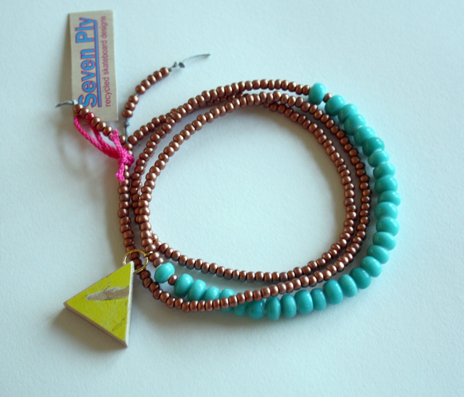 Recycled Skateboard Necklace Triangle Cyclops Collection-Copper and Aqua