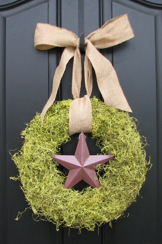 Summer Wreaths, Moss Wreath, Burlap Bows, The Lone Star, Door Wreaths, Patriotic Wreath, Memorial Day Wreath, 4th of July Wreath