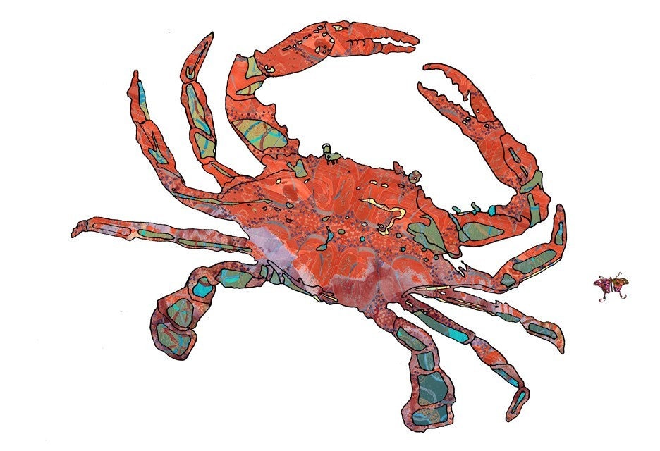 Crab Art Print - Beach Art - Patterned Crab Art Print- Open Edition - 13 x 19