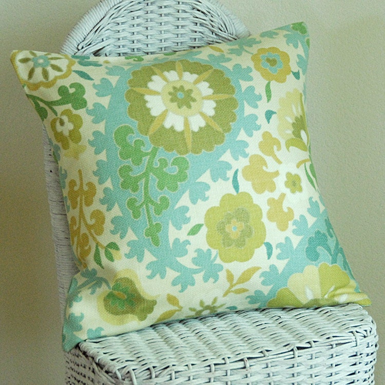 Paisley Aqua Pale Yellow Teal Green Suzani 18x18 Pillow Cover Decorative Pillow Cushion Cover