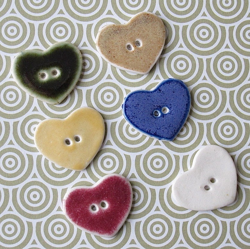 SALE...Handmade Porcelain Buttons.  Six Rustic Heart Buttons: Green, Golden Brown, Yellow, Blue, Red, Off-White